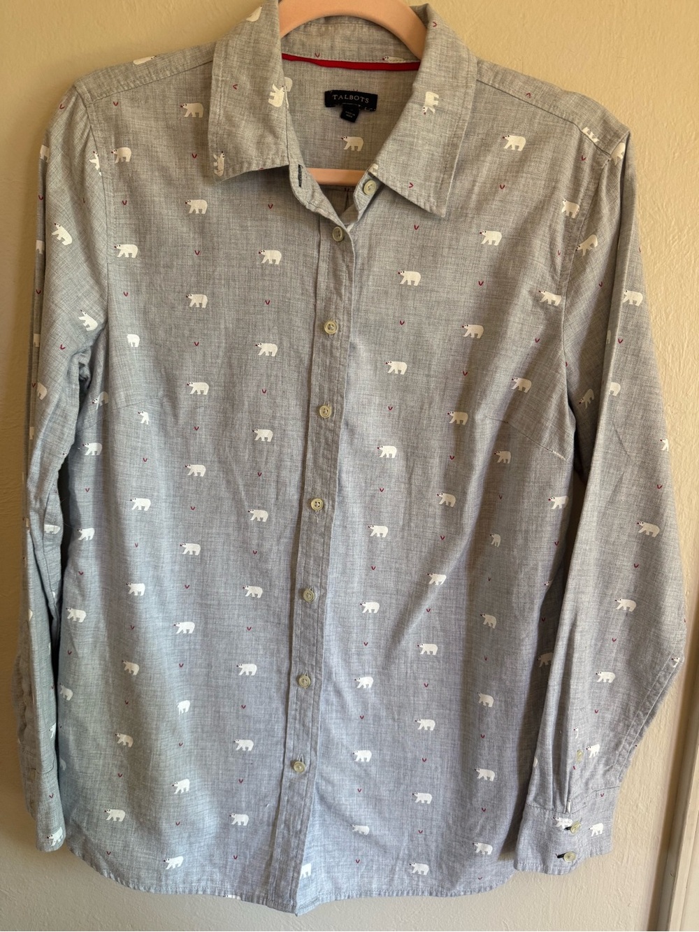 Talbots Light Gray Bear-Print Long-Sleeve Button-Down Shirt